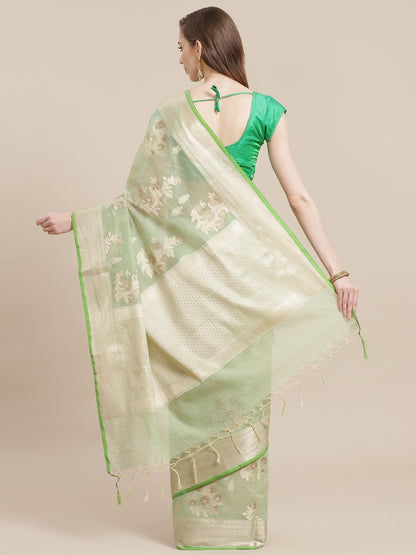 Faishana Presents Handwoven Pistachio Masrise Cotton Alfi Boota Zari Border With Pistachio Blouse Banarasi Saree