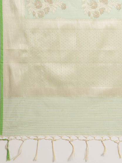 Faishana Presents Handwoven Pistachio Masrise Cotton Alfi Boota Zari Border With Pistachio Blouse Banarasi Saree