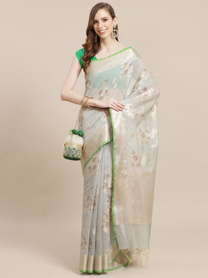 Faishana Presents Handwoven Grey Masrise Cotton Alfi Boota Zari Border With Grey Blouse Banarasi Saree