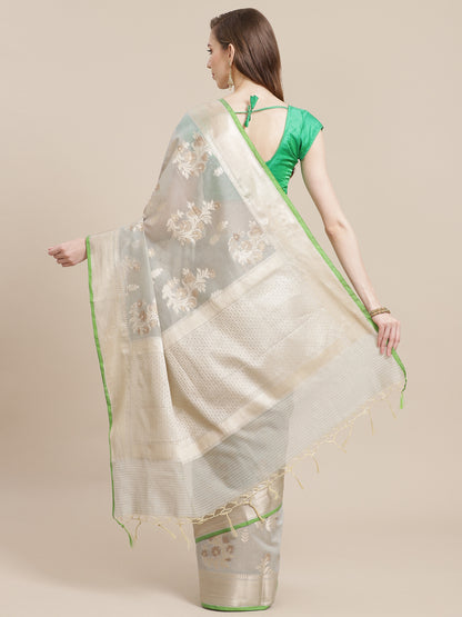 Faishana Presents Handwoven Grey Masrise Cotton Alfi Boota Zari Border With Grey Blouse Banarasi Saree