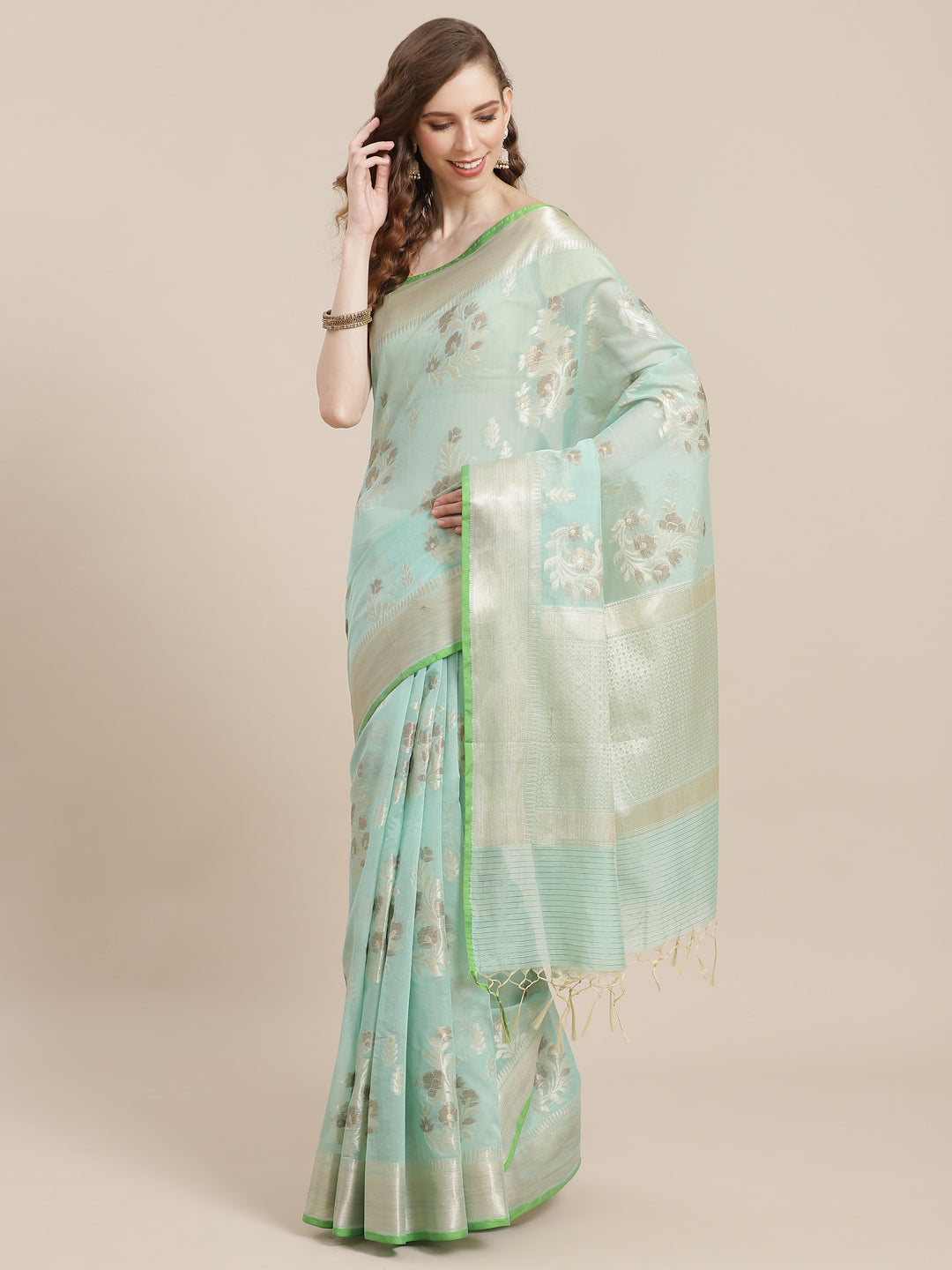 Faishana Presents Handwoven Seagreen Masrise Cotton Alfi Boota Zari Border With Seagreen Blouse Banarasi Saree