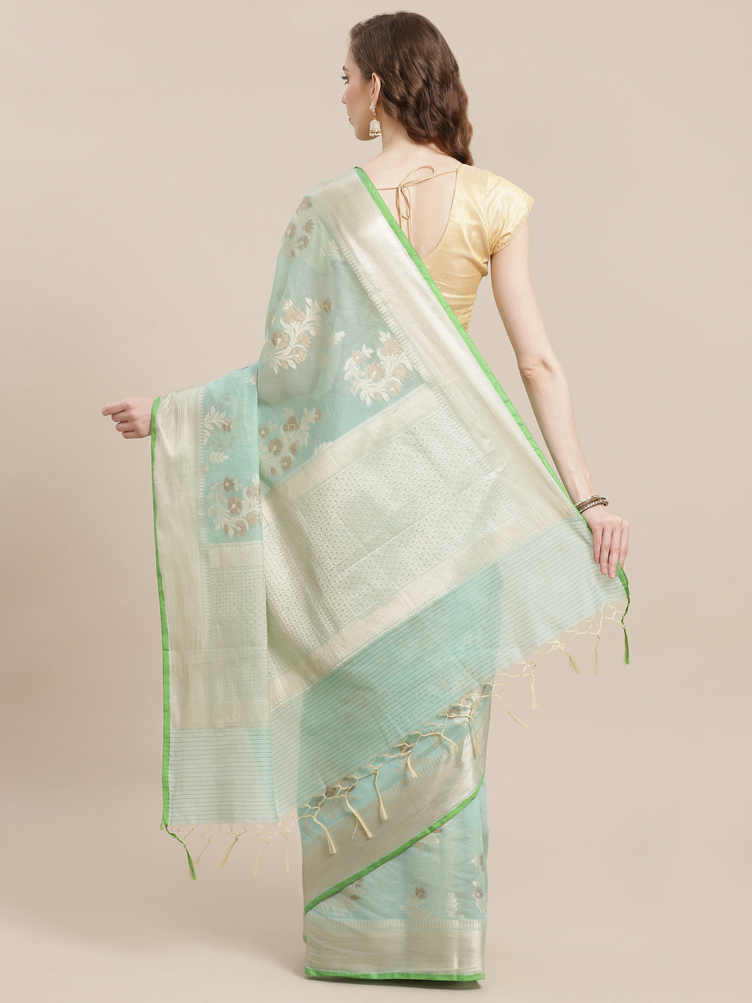 Faishana Presents Handwoven Seagreen Masrise Cotton Alfi Boota Zari Border With Seagreen Blouse Banarasi Saree