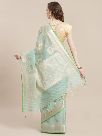 Faishana Presents Handwoven Seagreen Masrise Cotton Alfi Boota Zari Border With Seagreen Blouse Banarasi Saree