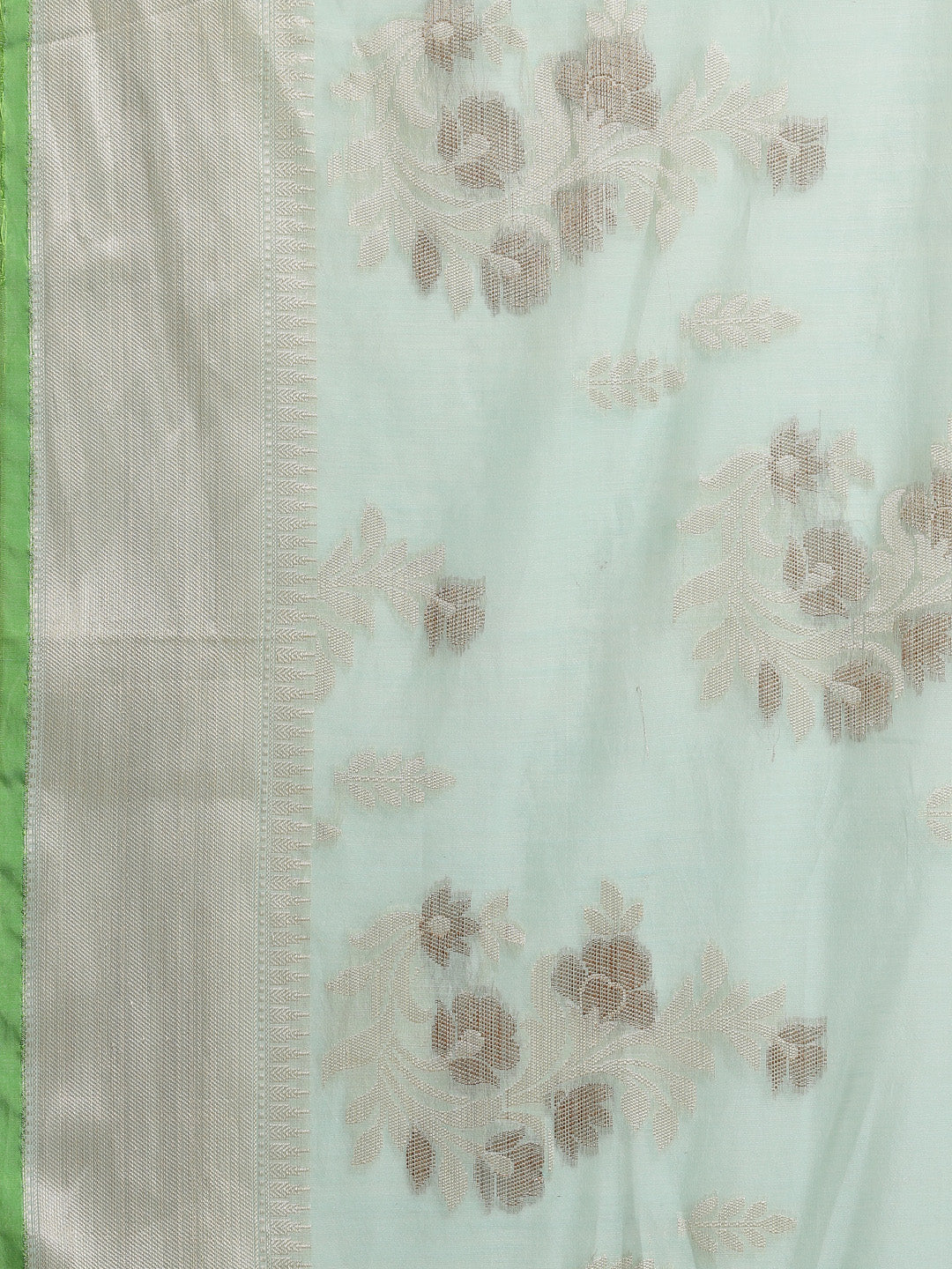 Faishana Presents Handwoven Seagreen Masrise Cotton Alfi Boota Zari Border With Seagreen Blouse Banarasi Saree