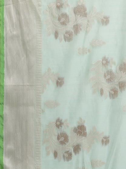 Faishana Presents Handwoven Seagreen Masrise Cotton Alfi Boota Zari Border With Seagreen Blouse Banarasi Saree
