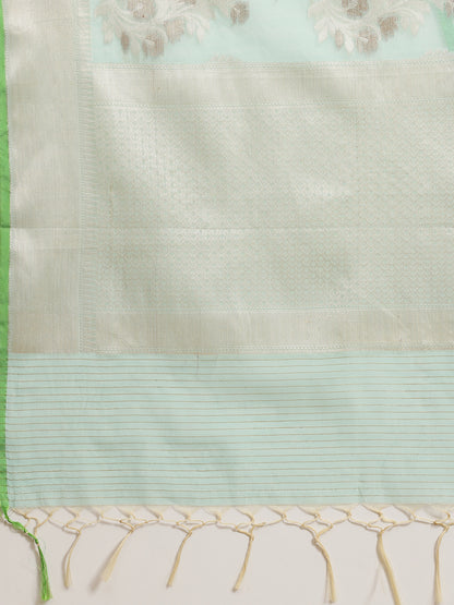 Faishana Presents Handwoven Seagreen Masrise Cotton Alfi Boota Zari Border With Seagreen Blouse Banarasi Saree