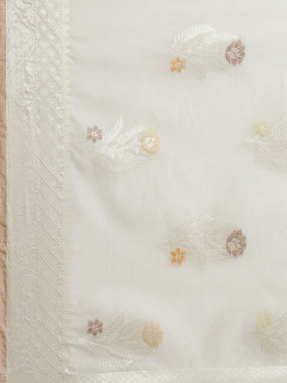 Faishana Presents Handwoven Grey Masrise Cotton Tilfi Boota Zari Border With Cheeku Color Blouse Banarasi Saree