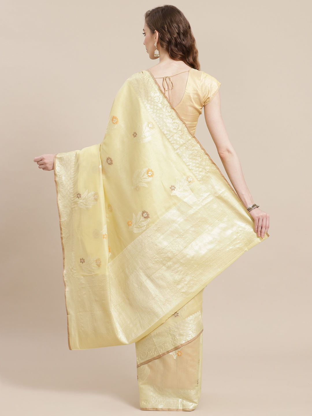 Faishana Presents Handwoven Beige Masrise Cotton Tilfi Boota Zari Border With Cheeku Color Blouse Banarasi Saree
