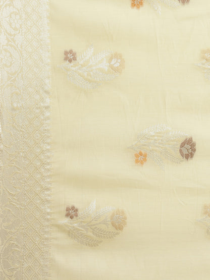 Faishana Presents Handwoven Beige Masrise Cotton Tilfi Boota Zari Border With Cheeku Color Blouse Banarasi Saree