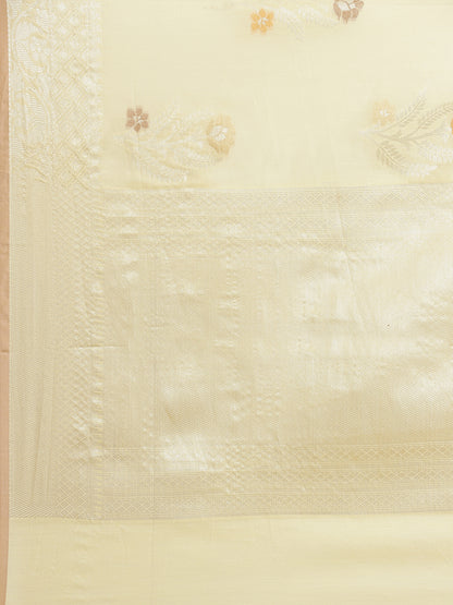 Faishana Presents Handwoven Beige Masrise Cotton Tilfi Boota Zari Border With Cheeku Color Blouse Banarasi Saree