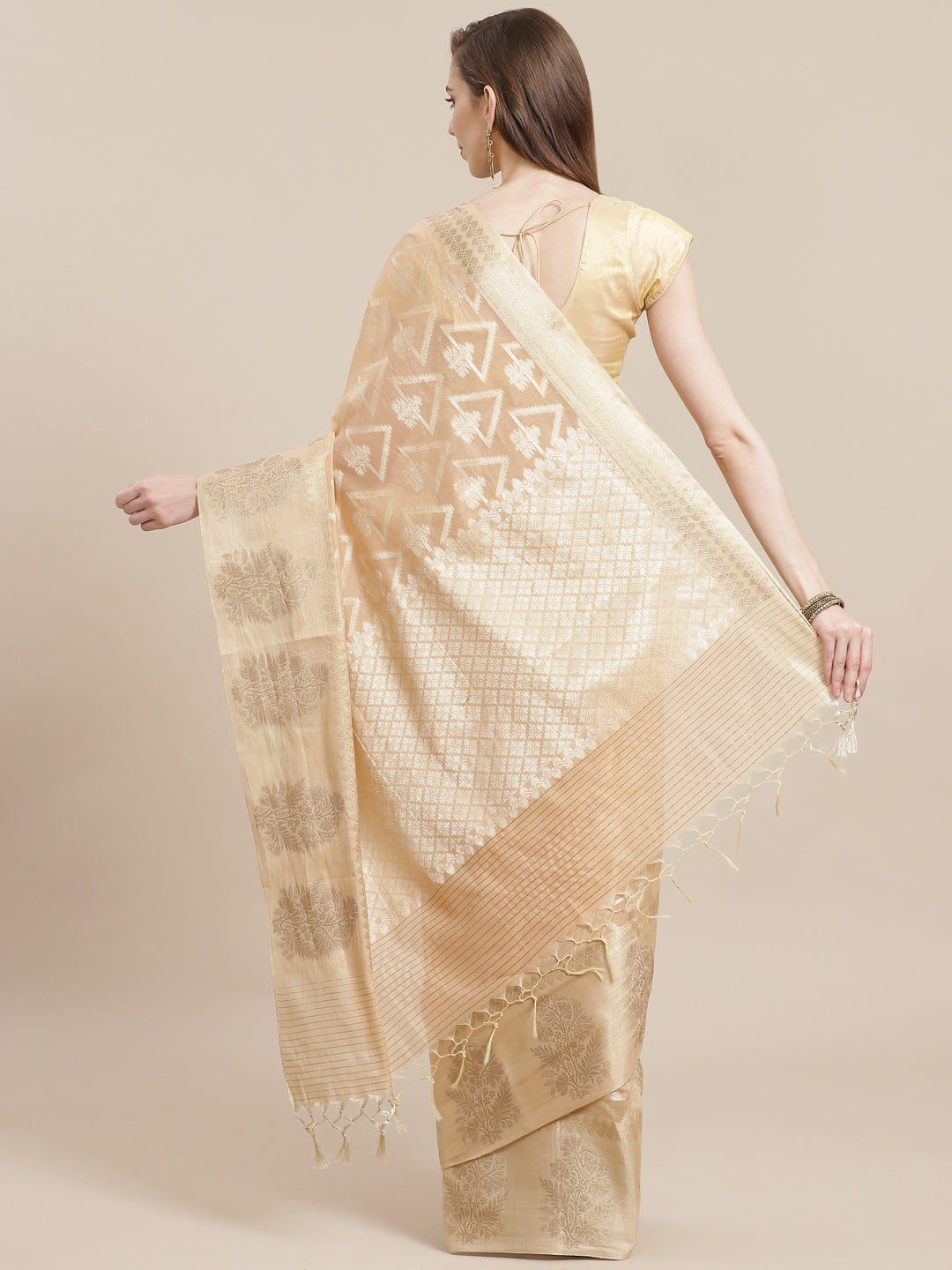 Faishana Presents Handwoven Peach Masrise Cotton Triangle Boota Skirt Border With Peach Blouse Banarasi Saree