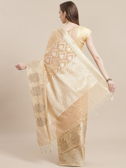 Faishana Presents Handwoven Peach Masrise Cotton Triangle Boota Skirt Border With Peach Blouse Banarasi Saree