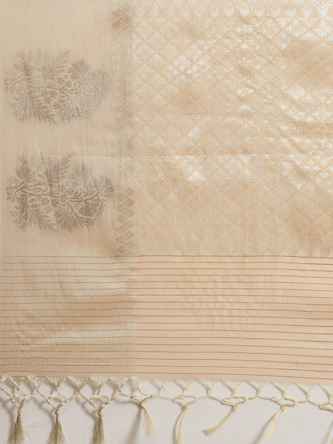 Faishana Presents Handwoven Peach Masrise Cotton Triangle Boota Skirt Border With Peach Blouse Banarasi Saree