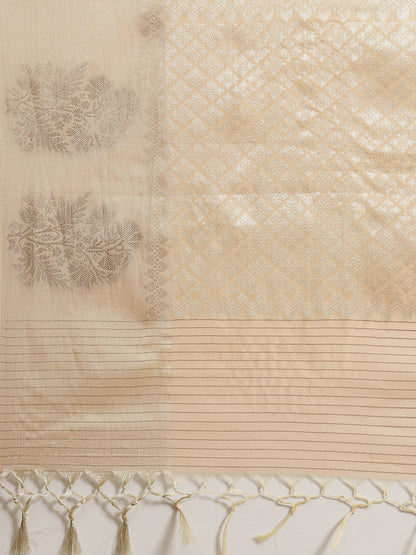 Faishana Presents Handwoven Peach Masrise Cotton Triangle Boota Skirt Border With Peach Blouse Banarasi Saree