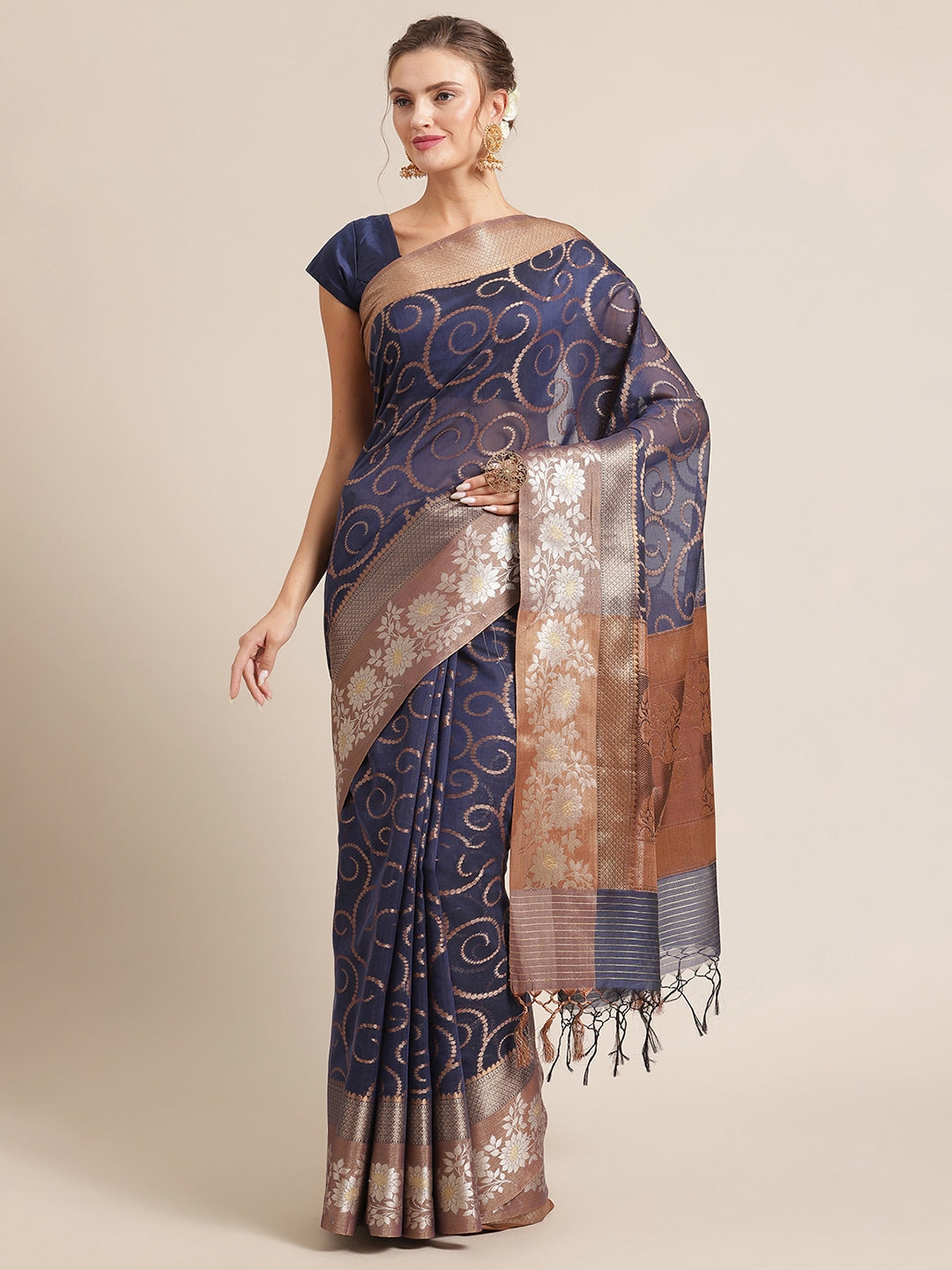 Faishana Presents Handwoven Blue Masrise Cotton Jaal Alfi Skirt Border With Cheeku Color Blouse Banarasi Saree