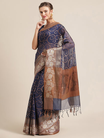 Faishana Presents Handwoven Blue Masrise Cotton Jaal Alfi Skirt Border With Cheeku Color Blouse Banarasi Saree
