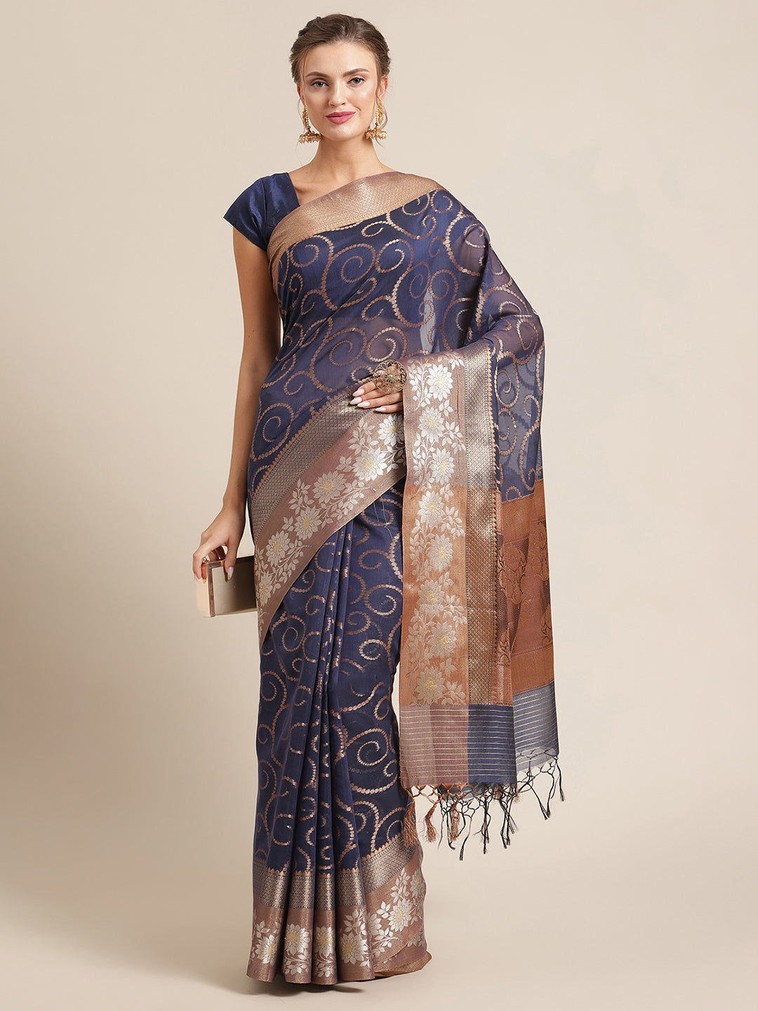 Faishana Presents Handwoven Blue Masrise Cotton Jaal Alfi Skirt Border With Cheeku Color Blouse Banarasi Saree