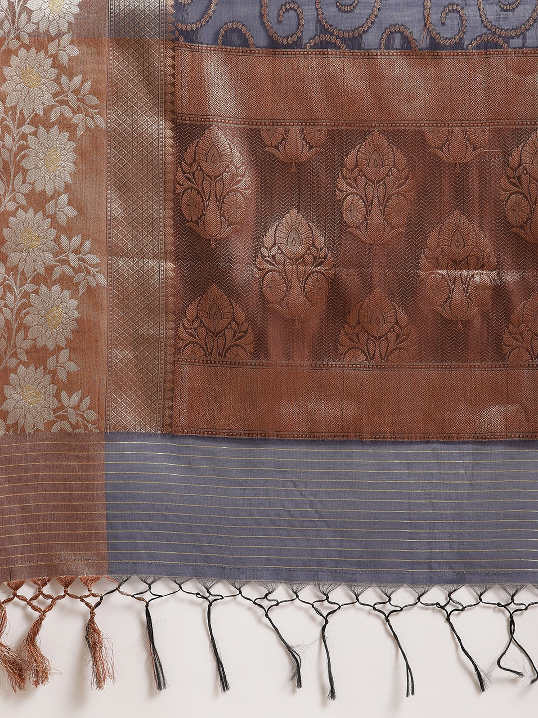 Faishana Presents Handwoven Blue Masrise Cotton Jaal Alfi Skirt Border With Cheeku Color Blouse Banarasi Saree