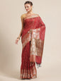 Faishana Presents Handwoven Red Masrise Cotton Jaal Alfi Skirt Border With Brown Blouse Banarasi Saree&nbsp;