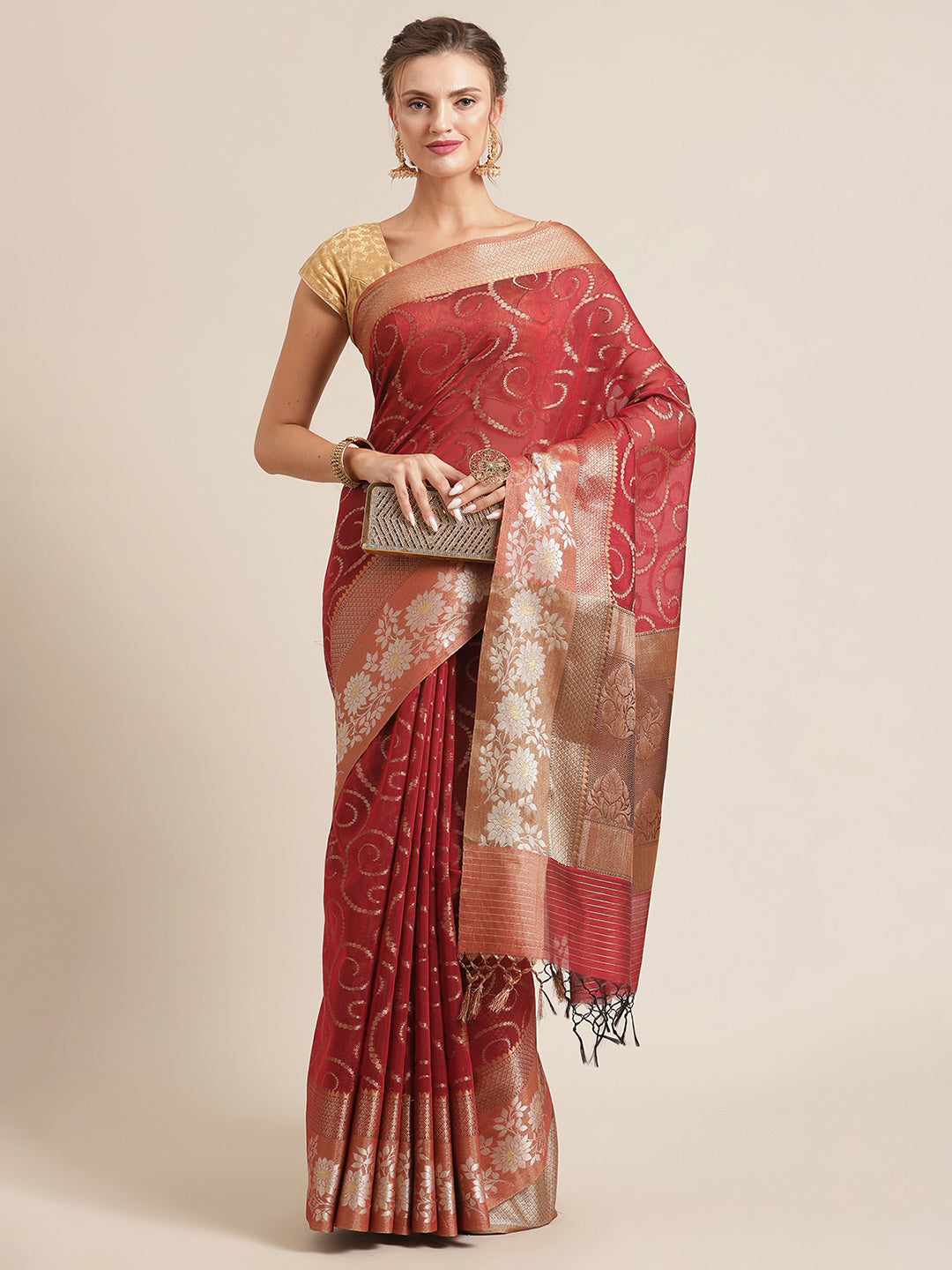 Faishana Presents Handwoven Red Masrise Cotton Jaal Alfi Skirt Border With Brown Blouse Banarasi Saree&nbsp;