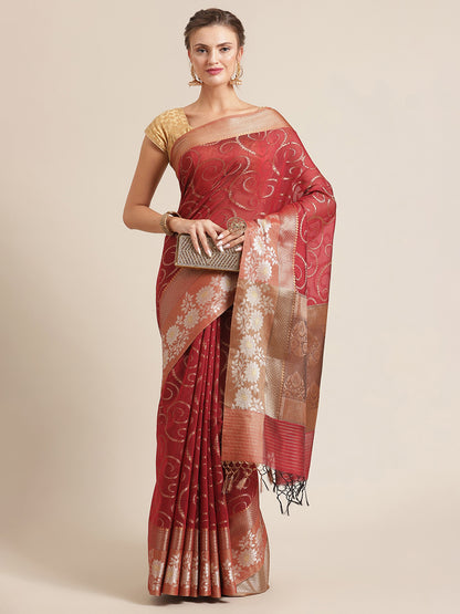 Faishana Presents Handwoven Red Masrise Cotton Jaal Alfi Skirt Border With Brown Blouse Banarasi Saree&nbsp;
