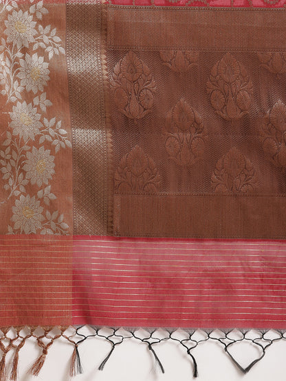 Faishana Presents Handwoven Red Masrise Cotton Jaal Alfi Skirt Border With Brown Blouse Banarasi Saree&nbsp;