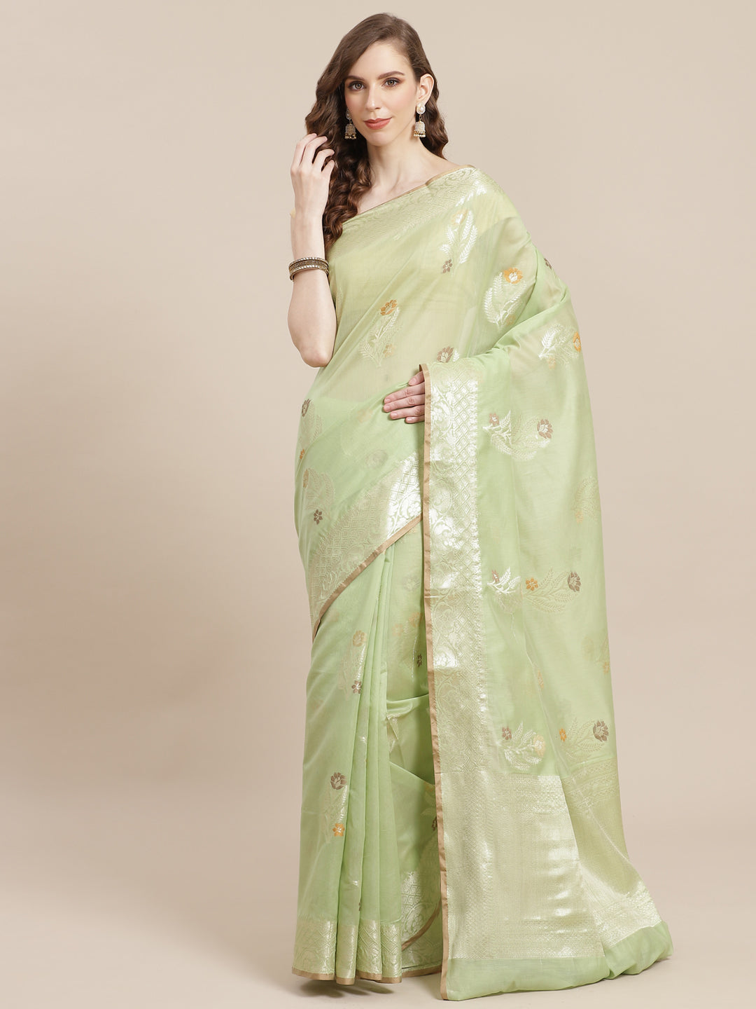 Faishana Presents Handwoven Pistachio Masrise Cotton Tilfi Boota Zari Border With Pista Green Blouse Banarasi Saree