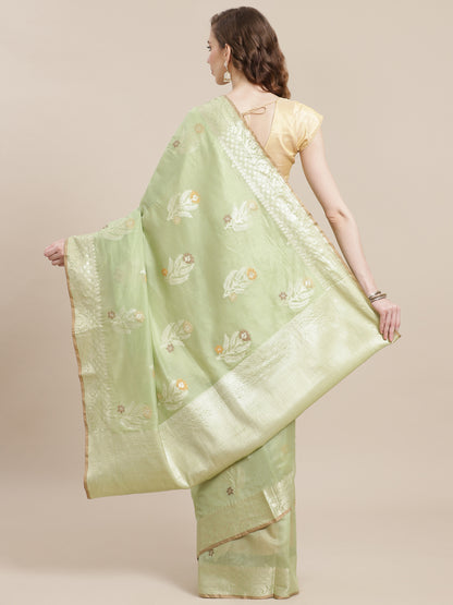 Faishana Presents Handwoven Pistachio Masrise Cotton Tilfi Boota Zari Border With Pista Green Blouse Banarasi Saree