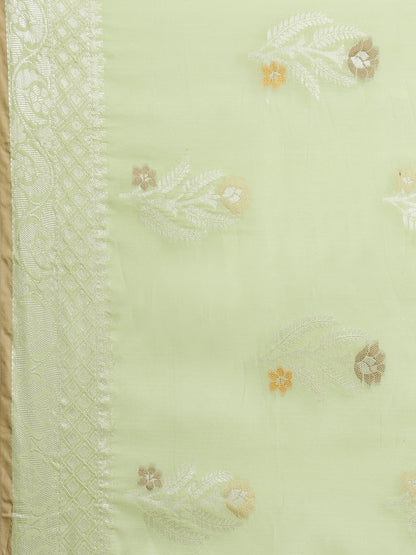 Faishana Presents Handwoven Pistachio Masrise Cotton Tilfi Boota Zari Border With Pista Green Blouse Banarasi Saree