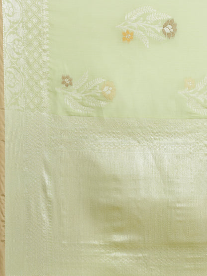 Faishana Presents Handwoven Pistachio Masrise Cotton Tilfi Boota Zari Border With Pista Green Blouse Banarasi Saree
