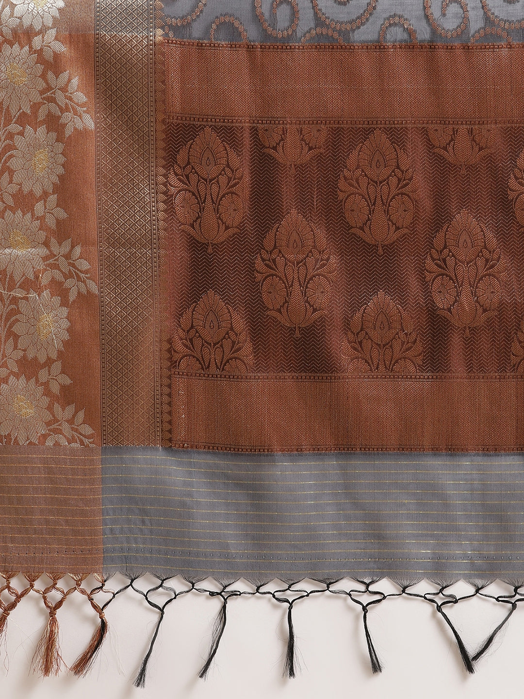Faishana Presents Handwoven Grey Masrise Cotton Jaal Alfi Skirt Border With Brown Blouse Banarasi Saree