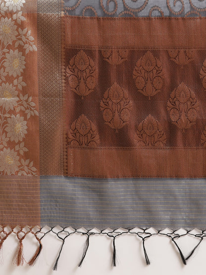 Faishana Presents Handwoven Grey Masrise Cotton Jaal Alfi Skirt Border With Brown Blouse Banarasi Saree