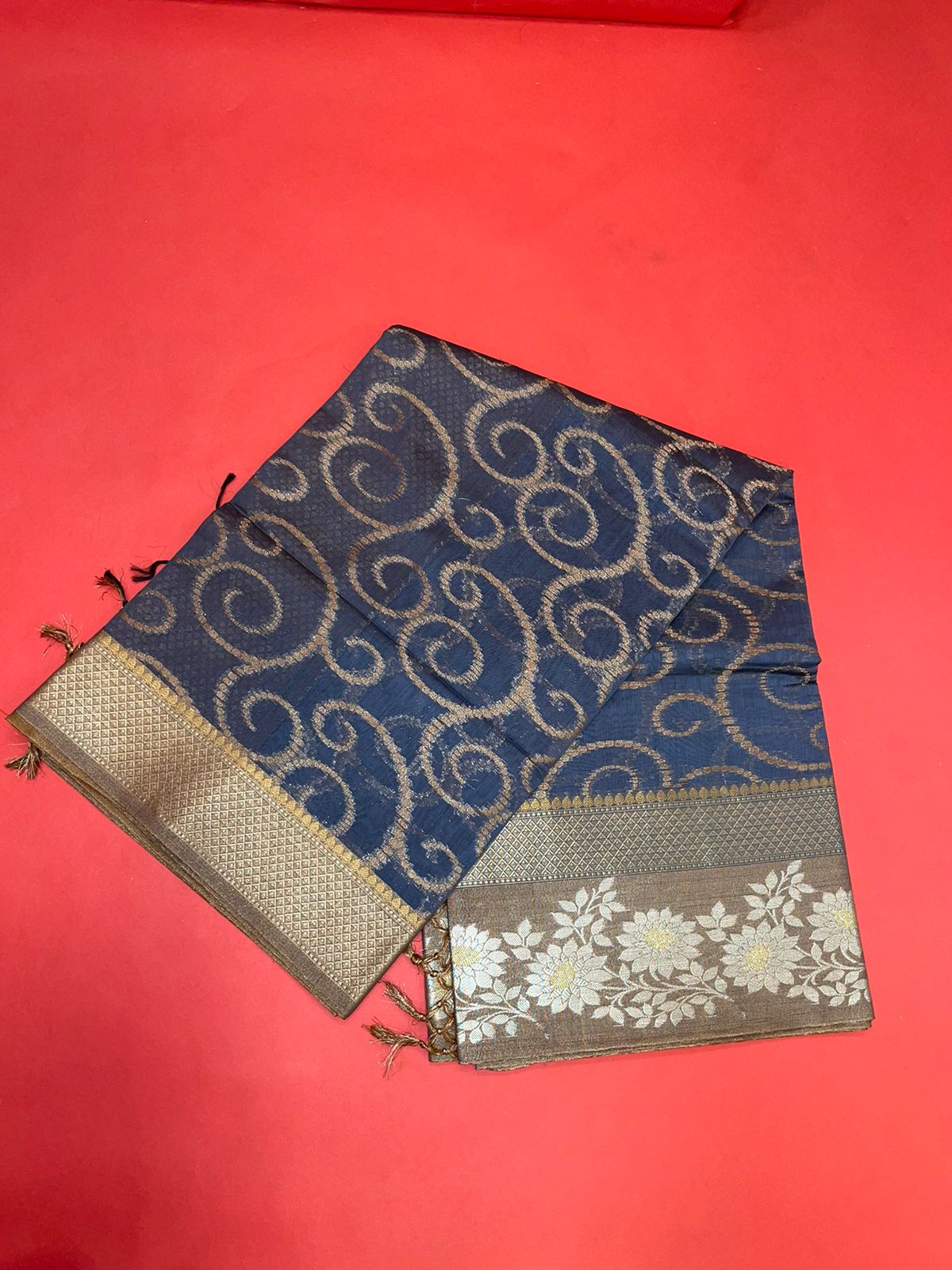 Faishana Presents Handwoven Grey Masrise Cotton Jaal Alfi Skirt Border With Brown Blouse Banarasi Saree