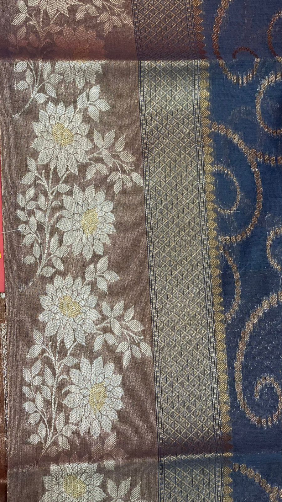 Faishana Presents Handwoven Grey Masrise Cotton Jaal Alfi Skirt Border With Brown Blouse Banarasi Saree