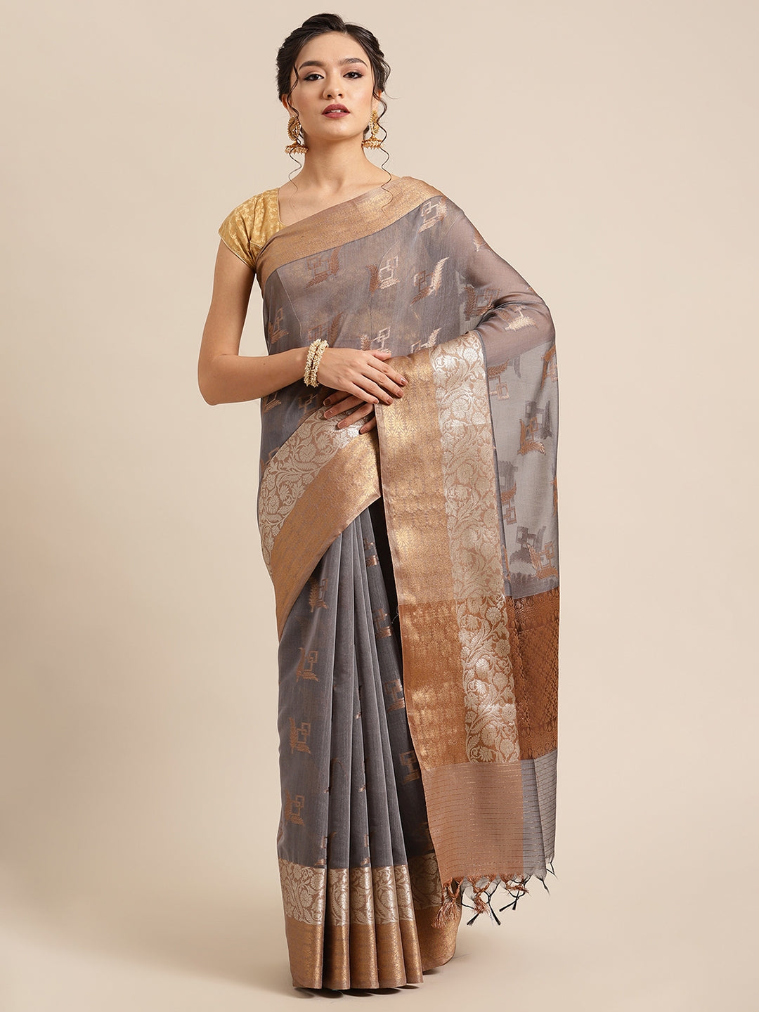 Faishana Presents Handwoven Grey Masrise Cotton Boota Skirt Border With Cheeku Brown Color Blouse Banarasi Saree