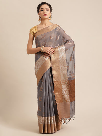Faishana Presents Handwoven Grey Masrise Cotton Boota Skirt Border With Cheeku Brown Color Blouse Banarasi Saree