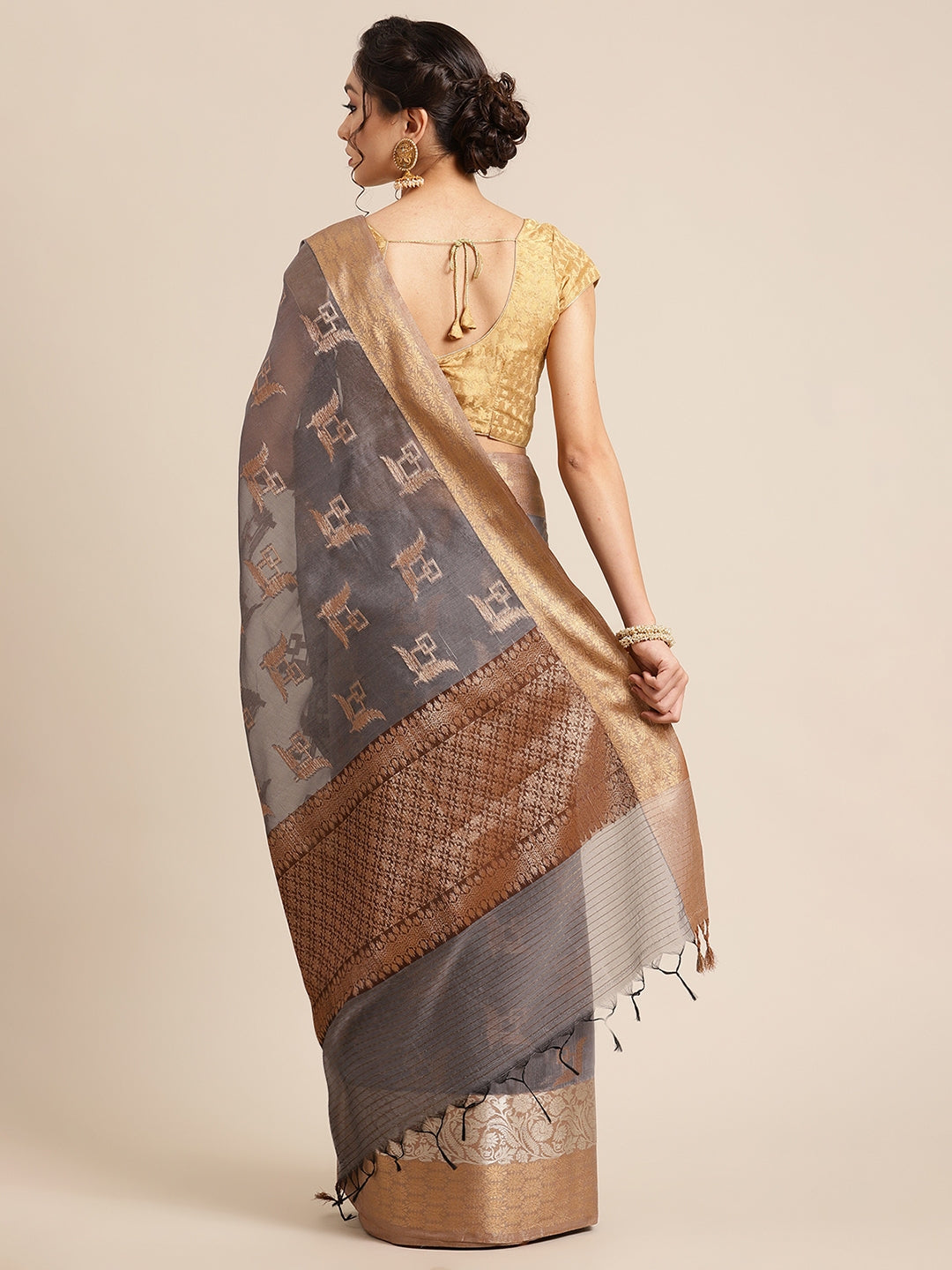 Faishana Presents Handwoven Grey Masrise Cotton Boota Skirt Border With Cheeku Brown Color Blouse Banarasi Saree