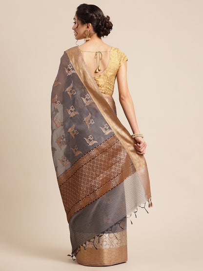 Faishana Presents Handwoven Grey Masrise Cotton Boota Skirt Border With Cheeku Brown Color Blouse Banarasi Saree