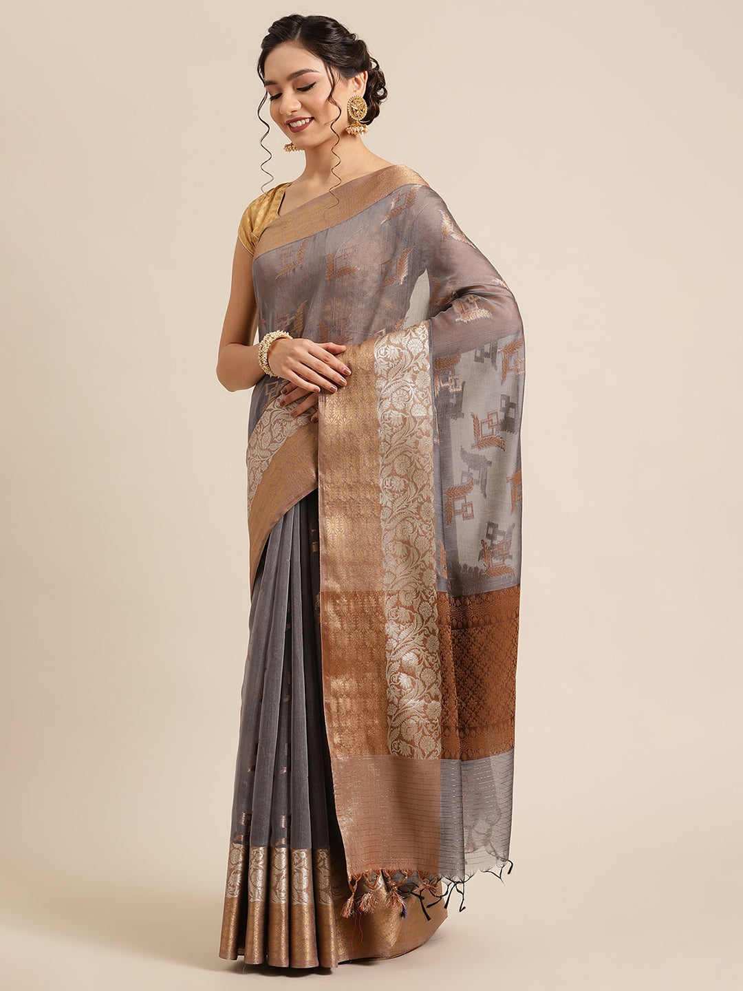 Faishana Presents Handwoven Grey Masrise Cotton Boota Skirt Border With Cheeku Brown Color Blouse Banarasi Saree