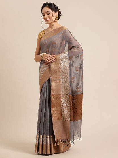 Faishana Presents Handwoven Grey Masrise Cotton Boota Skirt Border With Cheeku Brown Color Blouse Banarasi Saree