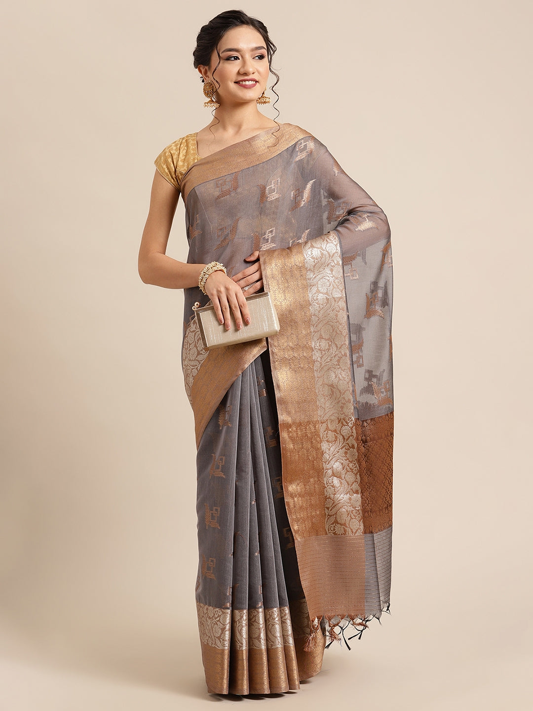 Faishana Presents Handwoven Grey Masrise Cotton Boota Skirt Border With Cheeku Brown Color Blouse Banarasi Saree