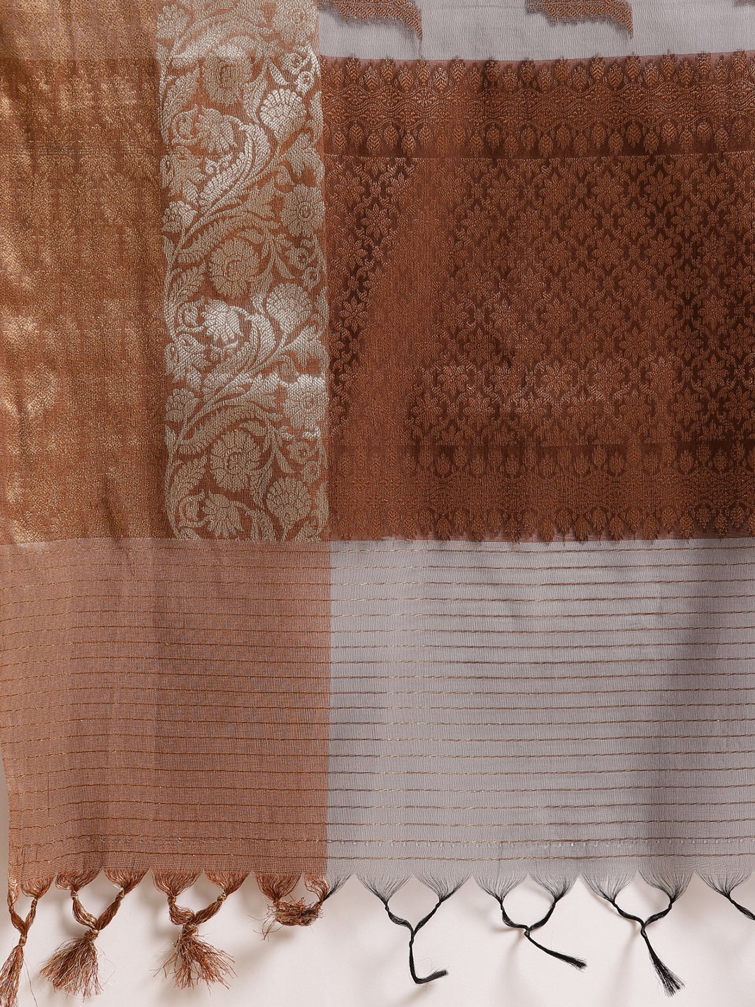 Faishana Presents Handwoven Grey Masrise Cotton Boota Skirt Border With Cheeku Brown Color Blouse Banarasi Saree