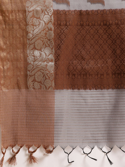 Faishana Presents Handwoven Grey Masrise Cotton Boota Skirt Border With Cheeku Brown Color Blouse Banarasi Saree