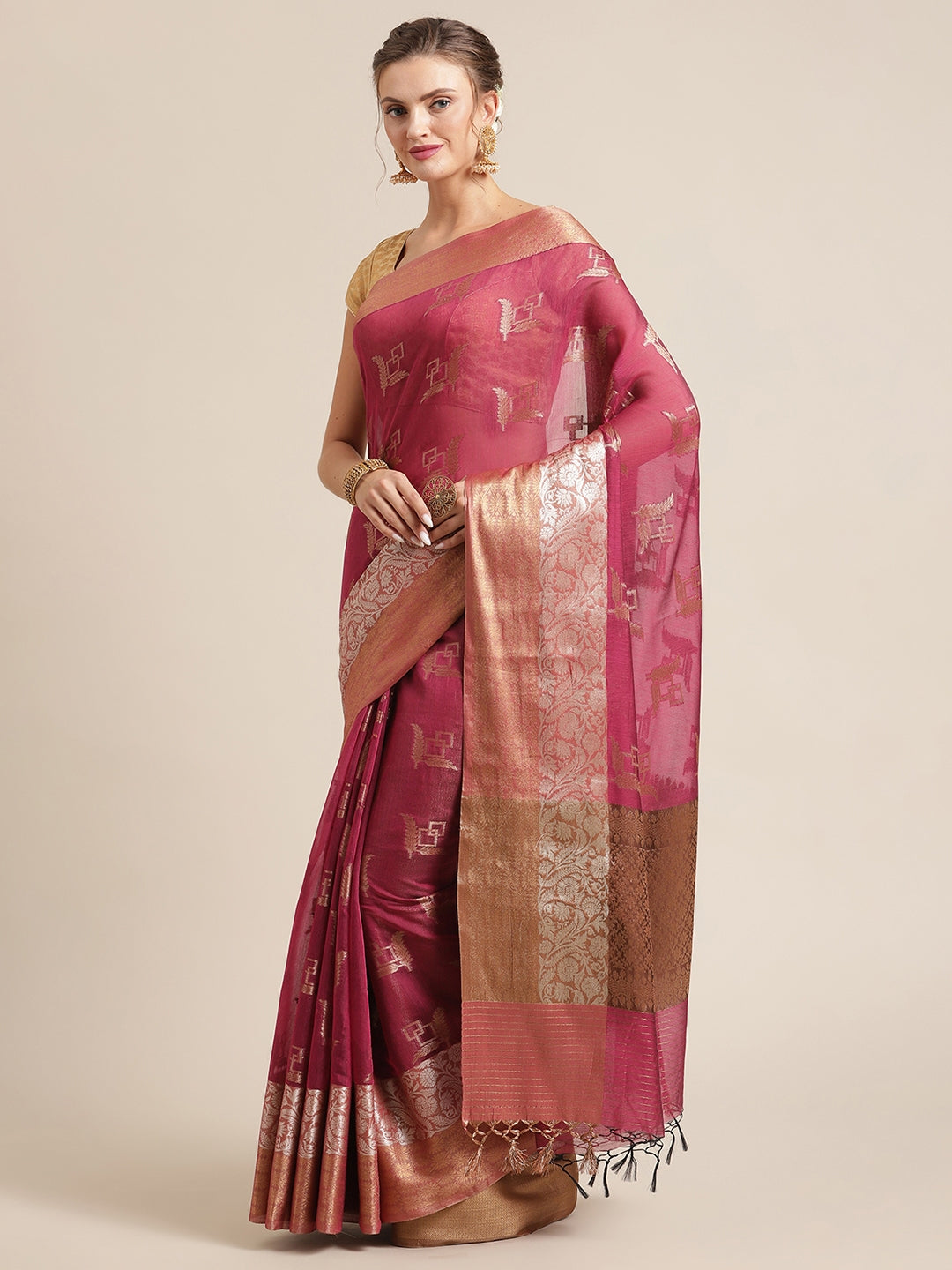 Faishana Presents Handwoven Magenta Masrise Cotton Boota Skirt Border With Cheeku Color Blouse Banarasi Saree