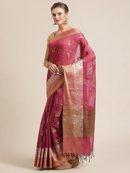 Faishana Presents Handwoven Magenta Masrise Cotton Boota Skirt Border With Cheeku Color Blouse Banarasi Saree