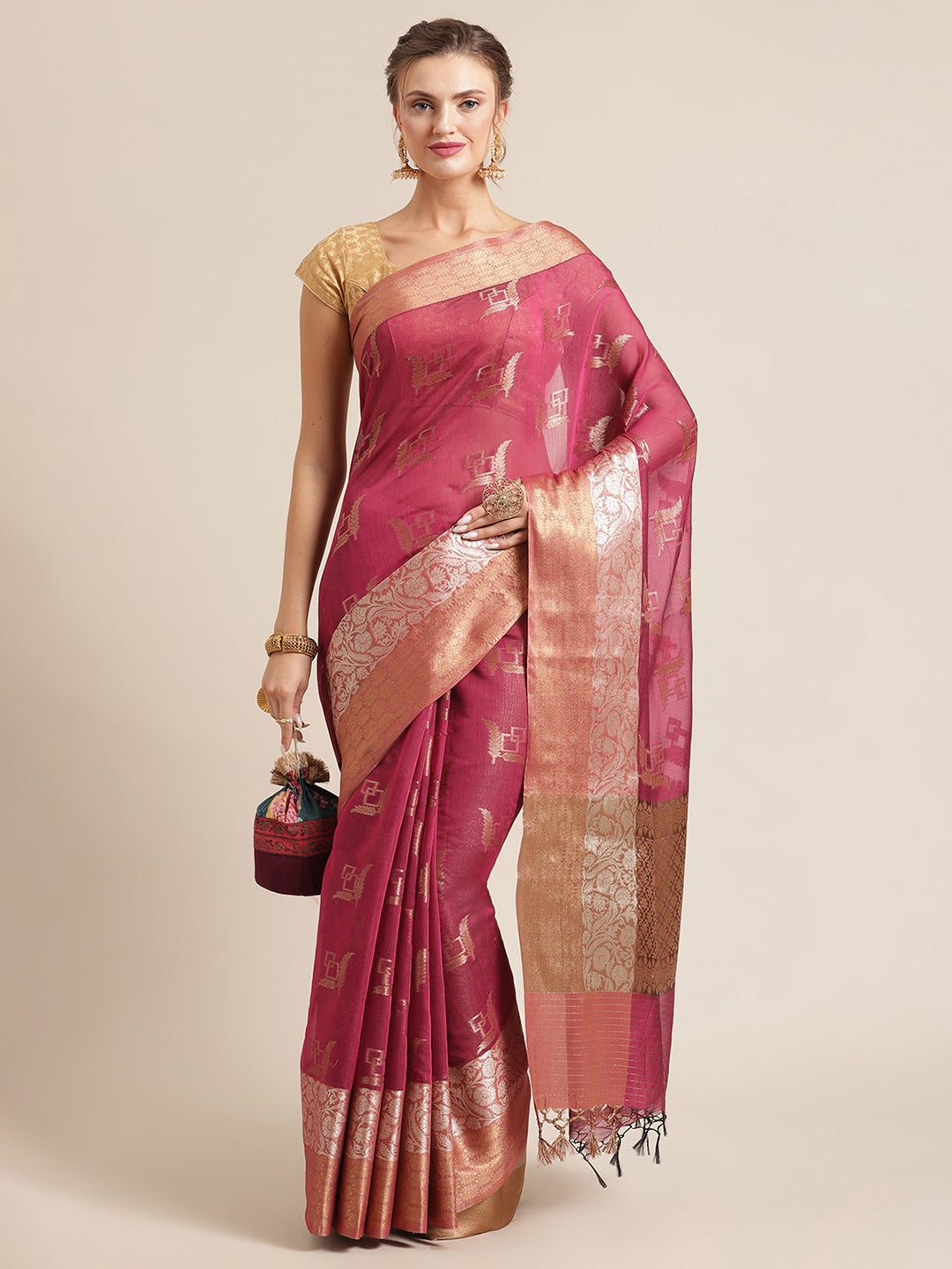 Faishana Presents Handwoven Magenta Masrise Cotton Boota Skirt Border With Cheeku Color Blouse Banarasi Saree