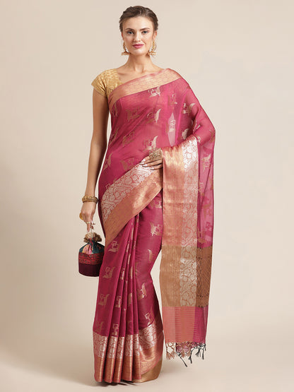 Faishana Presents Handwoven Magenta Masrise Cotton Boota Skirt Border With Cheeku Color Blouse Banarasi Saree