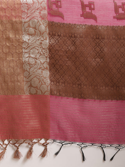 Faishana Presents Handwoven Magenta Masrise Cotton Boota Skirt Border With Cheeku Color Blouse Banarasi Saree