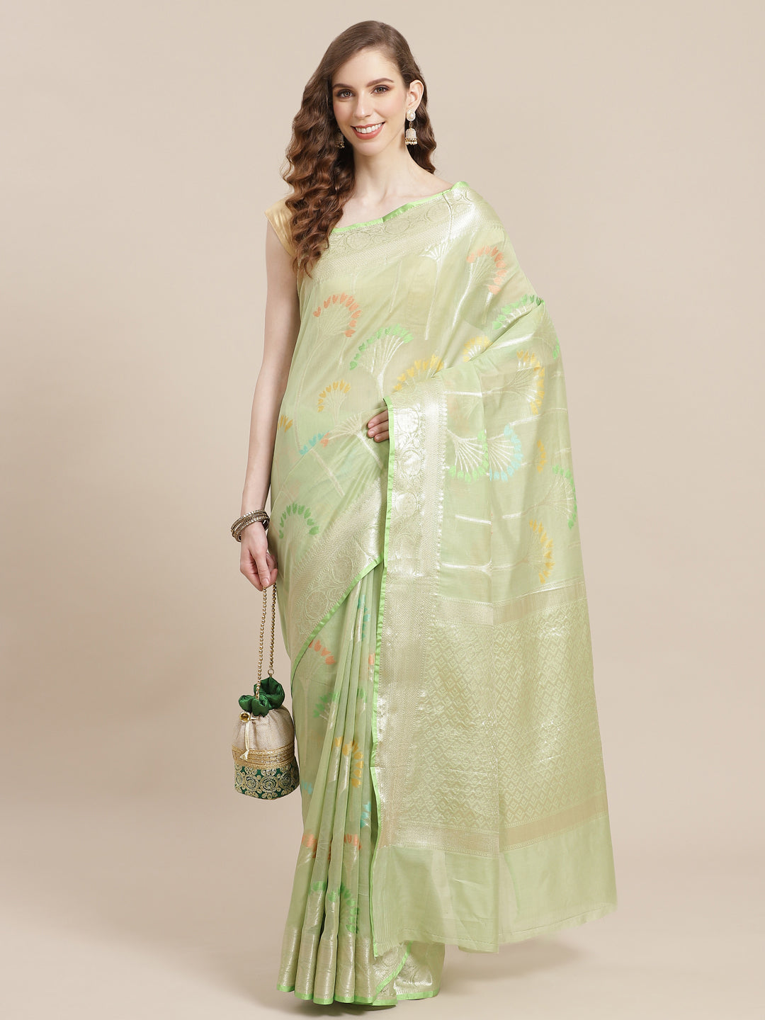Faishana Presents Pistachio Masrise Cotton Tilfi Zari Border With Pistachio Blouse Banarasi Saree