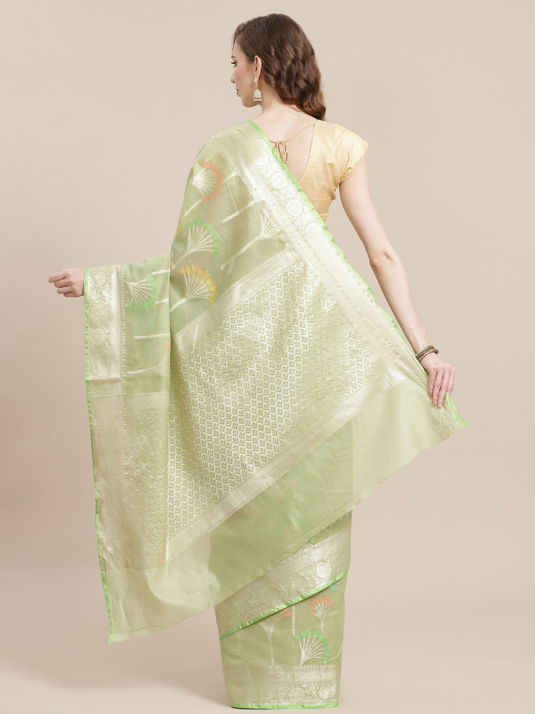 Faishana Presents Pistachio Masrise Cotton Tilfi Zari Border With Pistachio Blouse Banarasi Saree